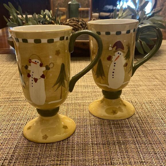Sonoma Lifestyle Snowman Footed Pedestal Coffee Mugs Christmas Holiday Set of 2 - Picture 11 of 12